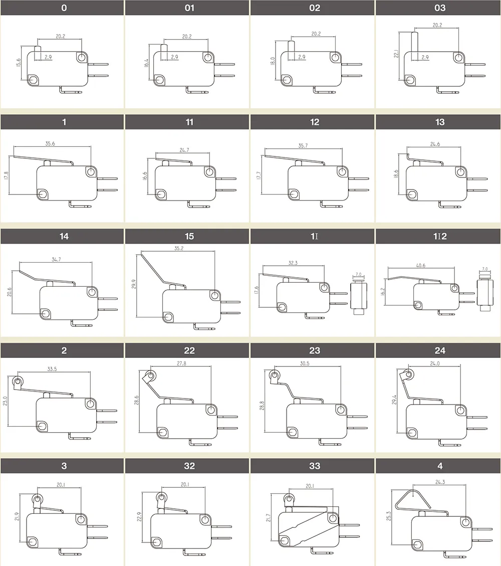 Micro switch lever actuator type options diagram from LEMA series documentation