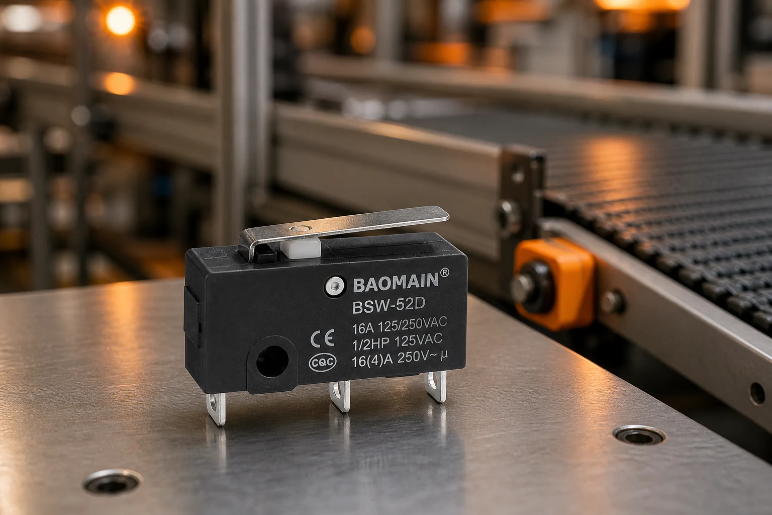 Kw12 Micro Switch — LEMA Electric official product with illustrative industrial background (not a real site photo)