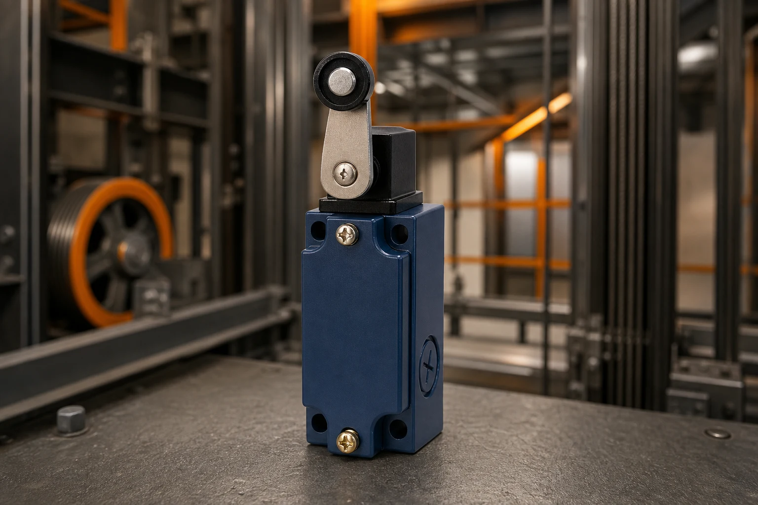 Roller Limit Switch — LEMA Electric official product with illustrative industrial background (not a real site photo)