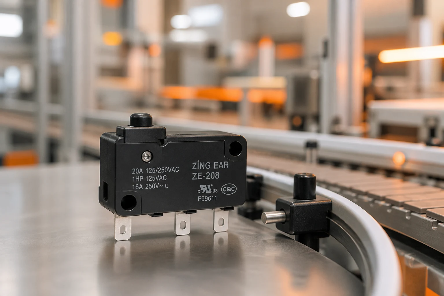 Roller Micro Switch — LEMA Electric official product with illustrative industrial background (not a real site photo)