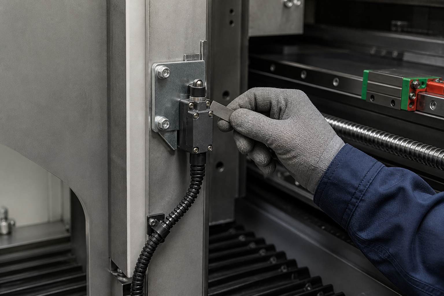 Technician inspecting the alignment of a CNC machine limit switch