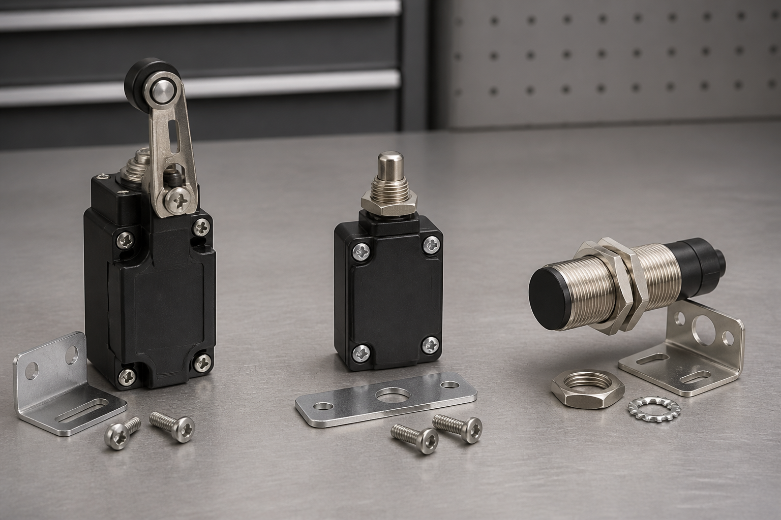 Roller lever, plunger, and non-contact sensors arranged for CNC position-sensing comparison