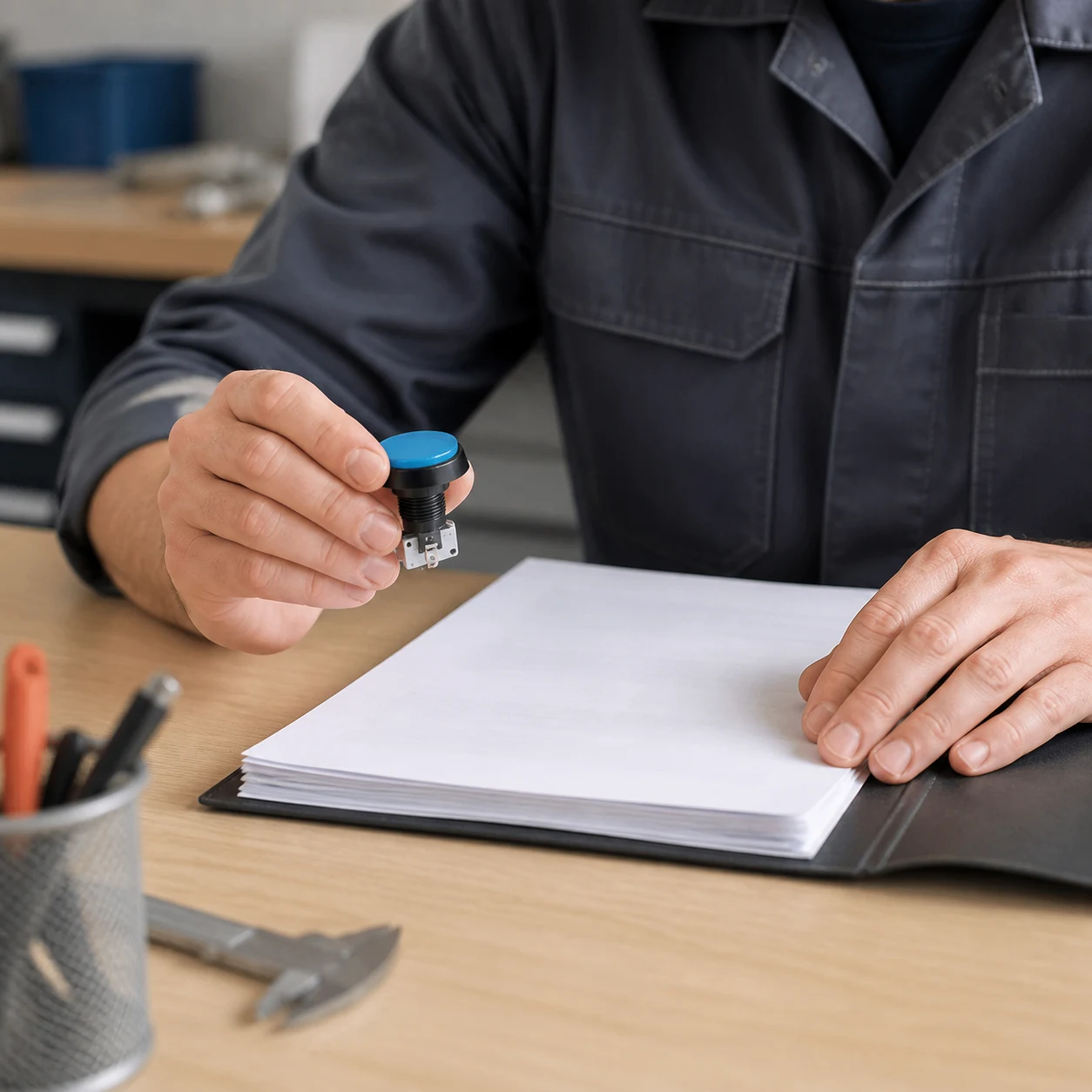 Engineer reviewing a push-button component for model-selection discussion
