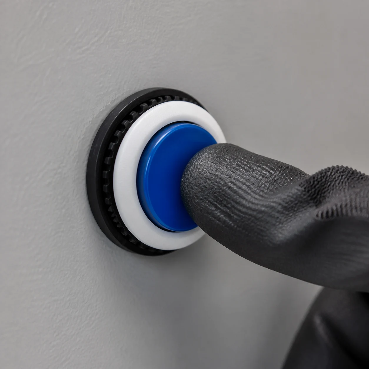 Gloved hand pressing an unlabelled panel push button for a temporary input discussion