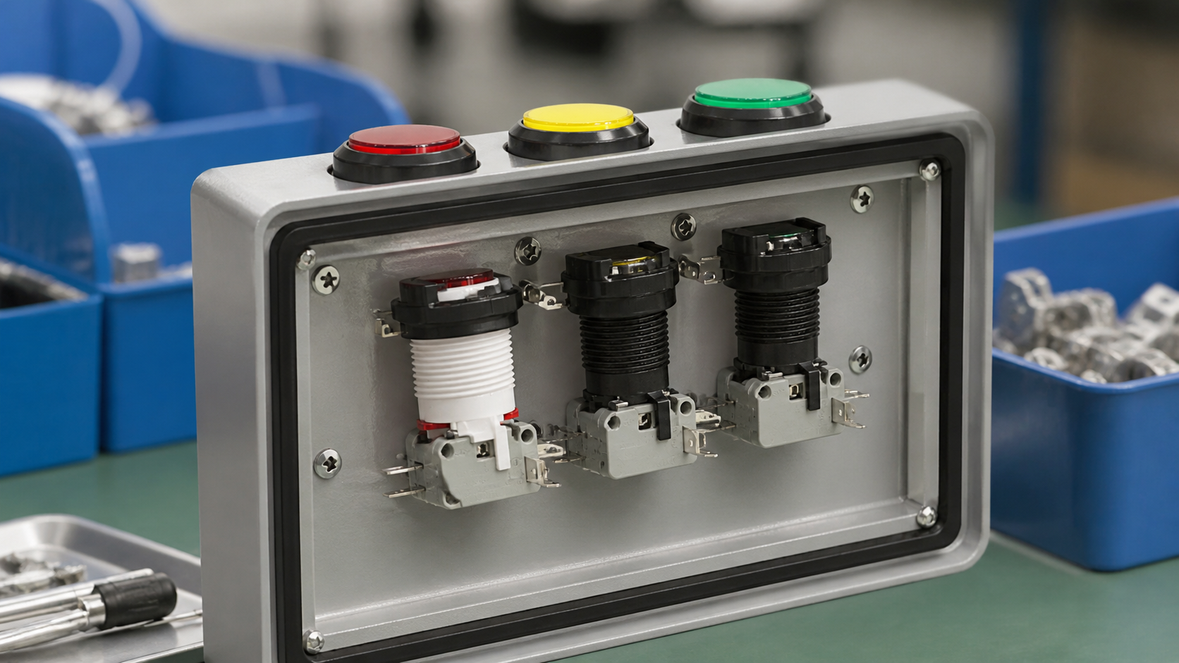Prüfdetails für Drucktasten-Farbstandards push button colour standards inspected for mounting terminals and operating condition