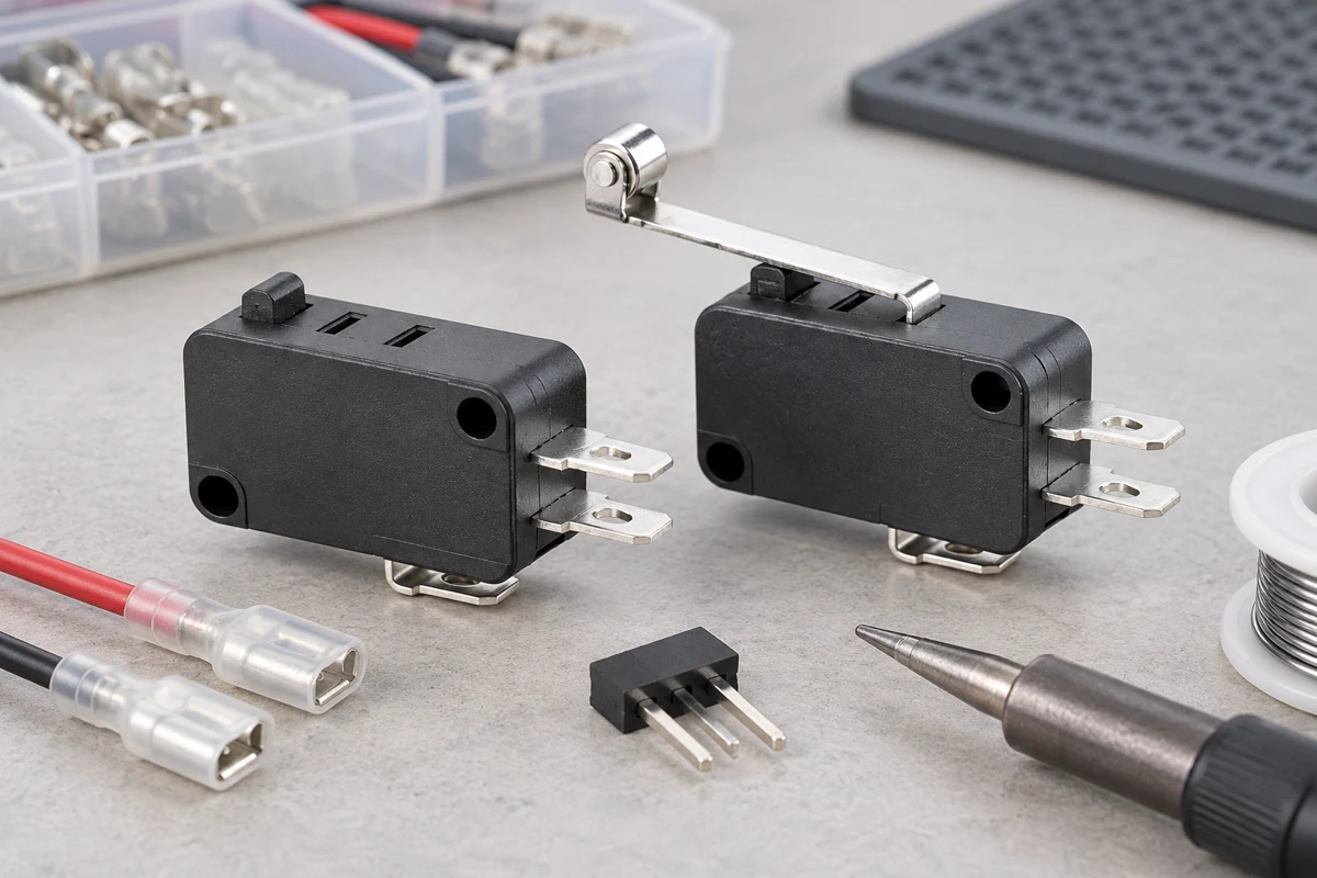 KW7 micro switches beside isolated connection samples on an inspection bench KW7 micro switches beside isolated connection samples on an inspection bench