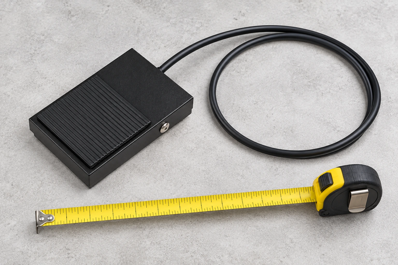 LF pedal and loose cable loop beside a measuring tape
