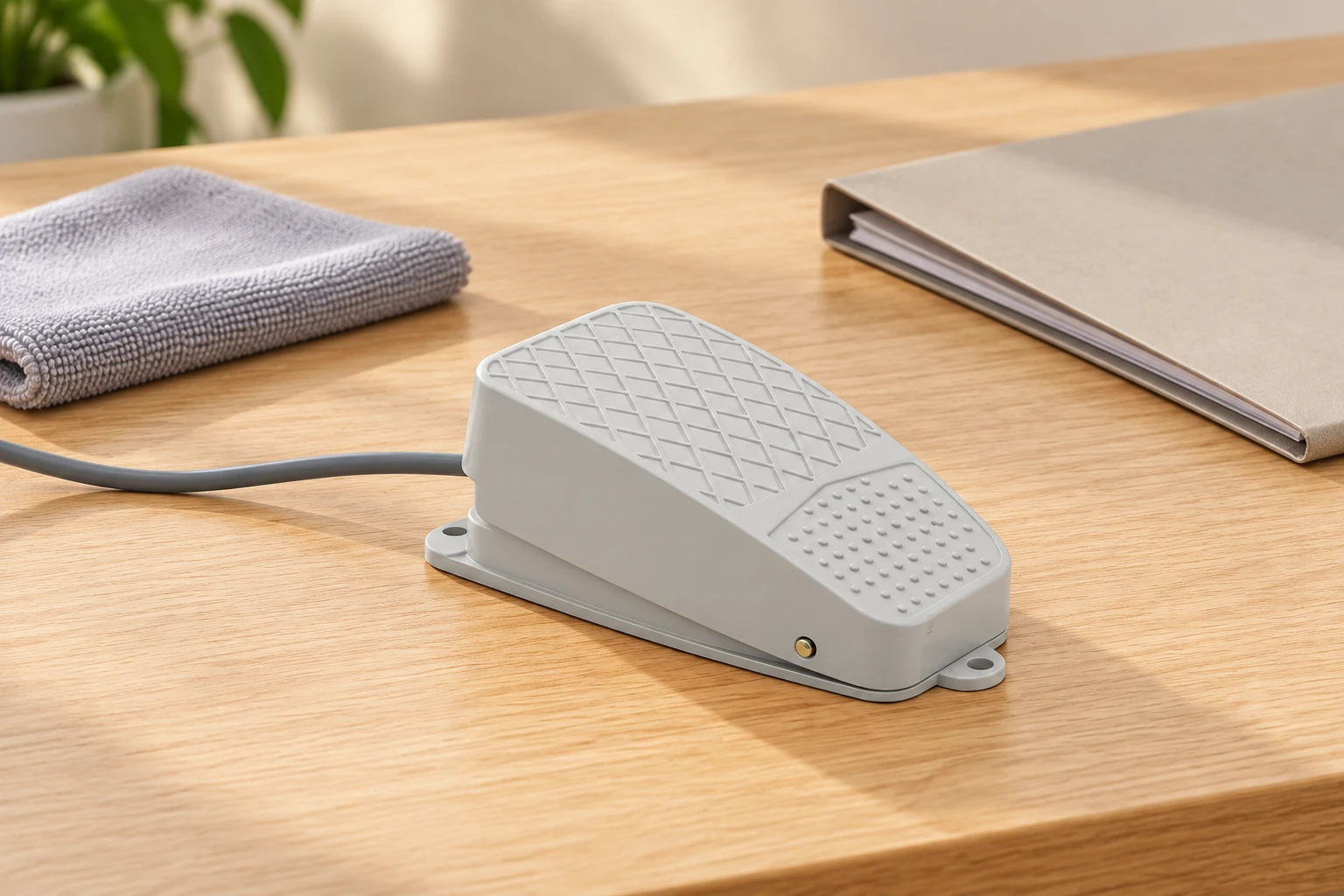 Grey LF reference foot pedal beside dry microfiber cloth and closed folder on wood