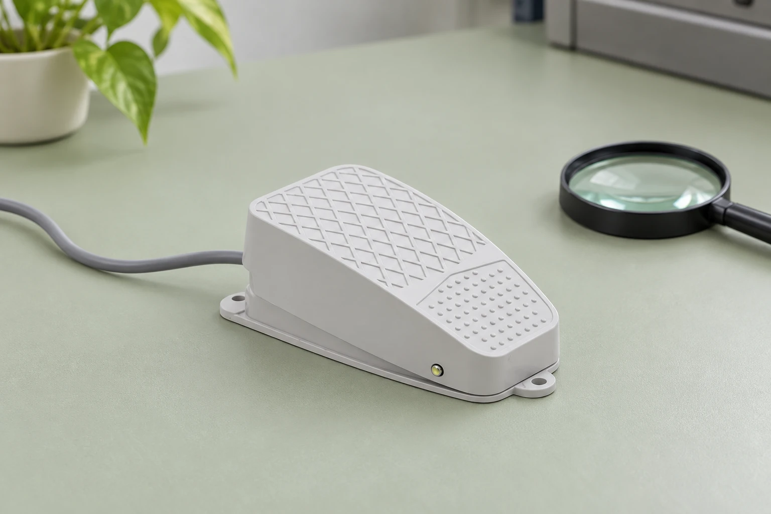 Grey LF reference foot pedal with loose cable beside magnifier on sage tabletop