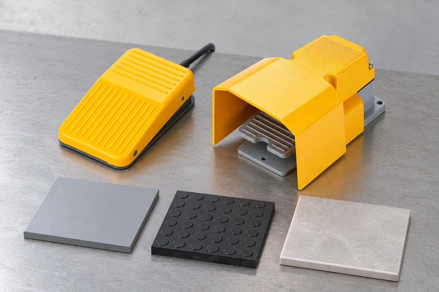 LF guarded and open pedals beside separate steel rubber and tile surface specimens