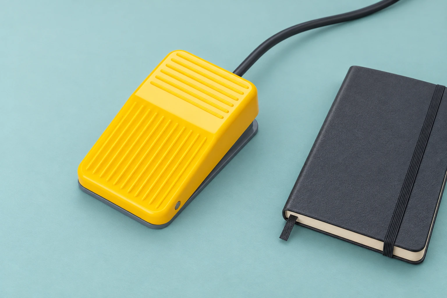 LF-01 yellow ribbed pedal and rear cable beside an inspection notebook on a teal mat LF-01 yellow ribbed pedal and rear cable beside an inspection notebook on a teal mat