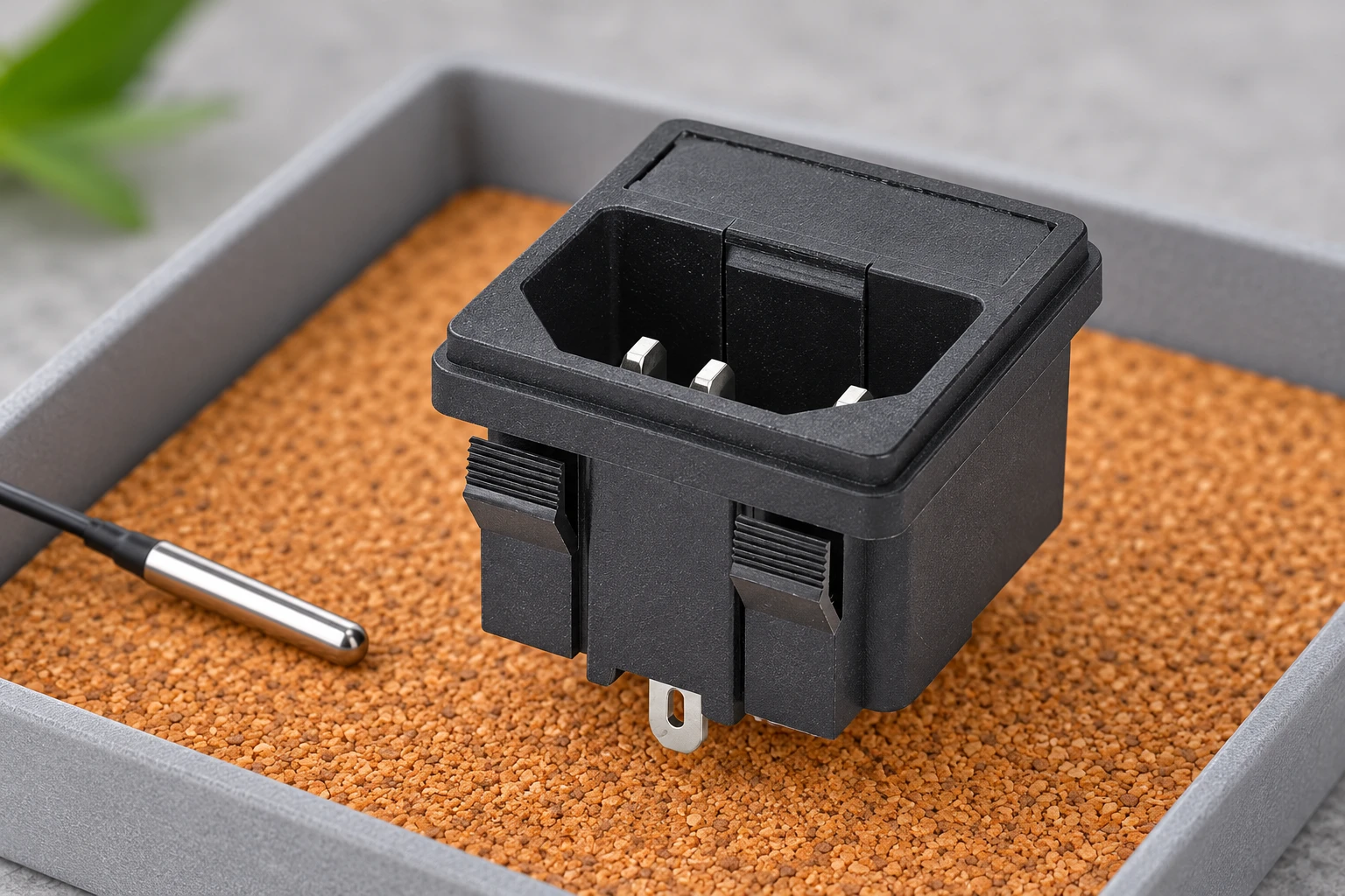 Snap-in IPZ inlet retaining clips on an amber cork pad in a sample tray