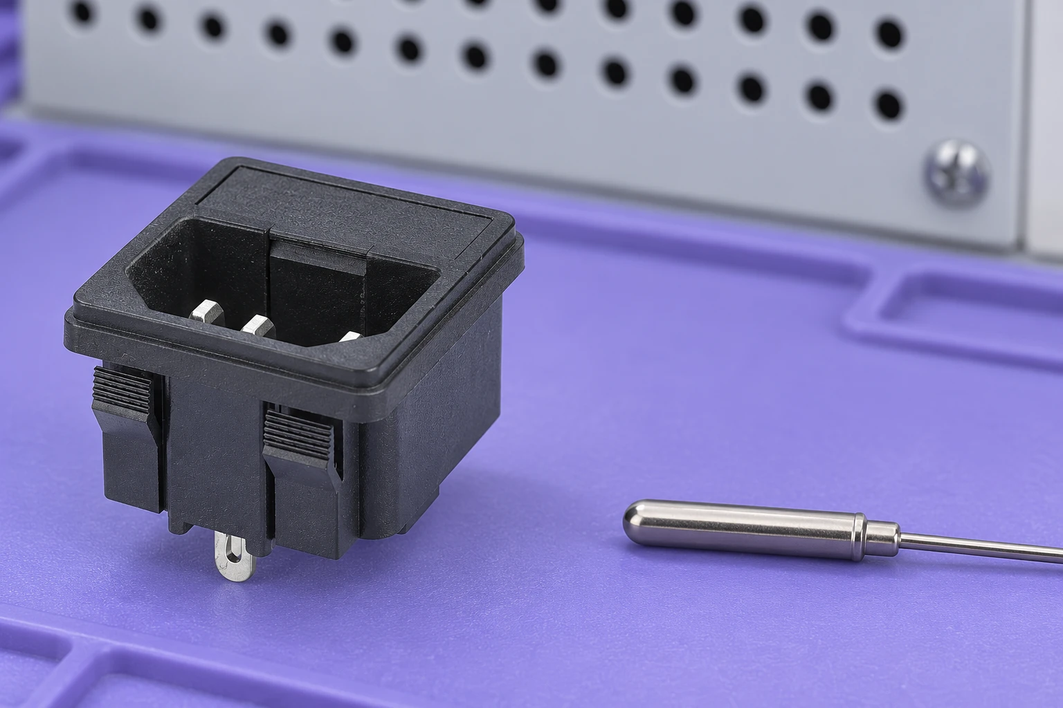 Snap-in IPZ inlet on a violet assembly mat beside an unconnected probe