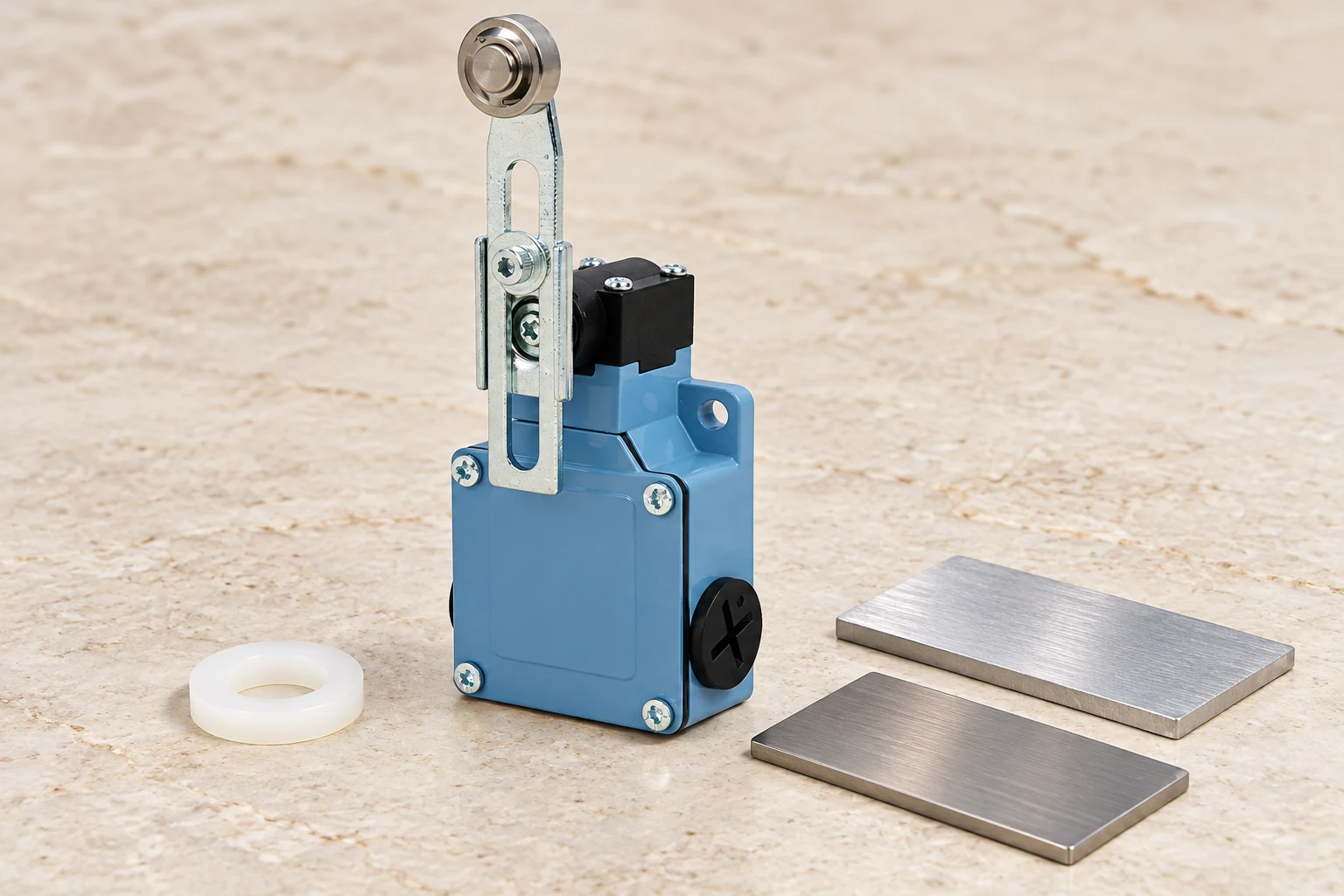 Limit Switch Galvanic Corrosion: Review Dissimilar-Metal Mounting Interfaces 1 Blue LZ1 limit switch beside separate washer and metal coupons on pale stone