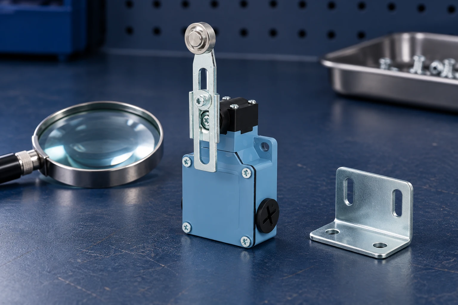 Limit Switch Galvanic Corrosion: Review Dissimilar-Metal Mounting Interfaces 2 Blue LZ1 limit switch beside magnifier and unattached bracket on navy bench