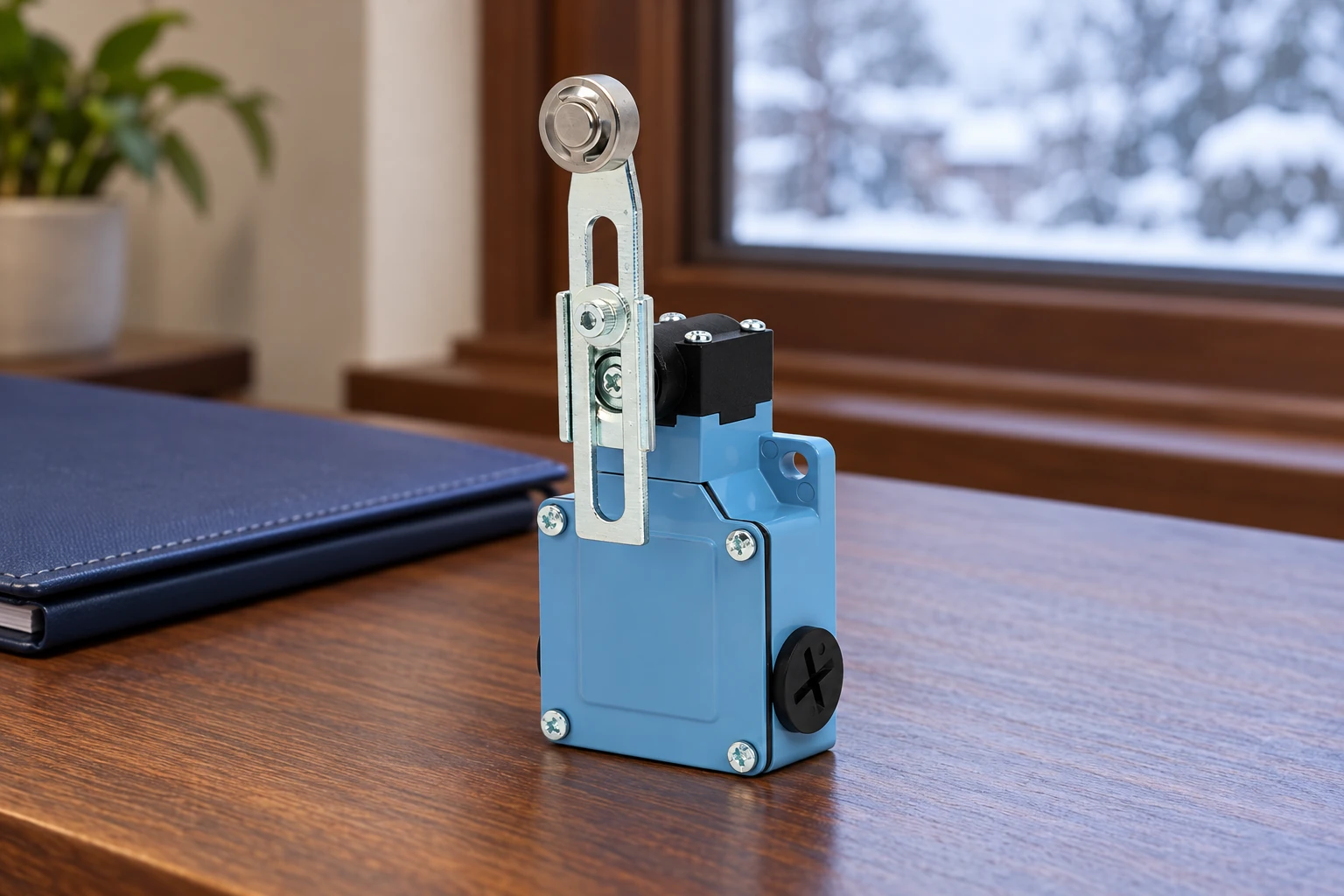 Limit Switch Icing: Separate Cold Ratings from Frozen Actuator Behavior 2 Dry LZ1 switch indoors on a wood desk beside a closed navy folder