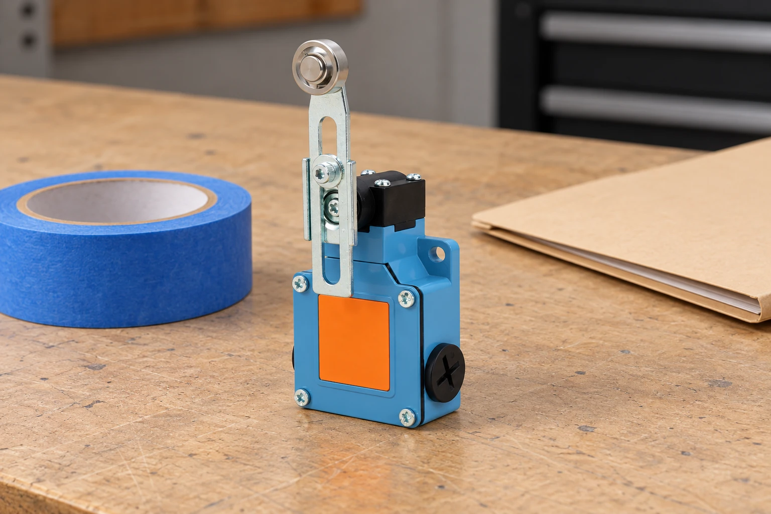 Limit Switch Paint Overspray Protection: Keep Motion and Identification Clear 2 LZ1 blue limit switch beside an unused masking tape roll and closed folder