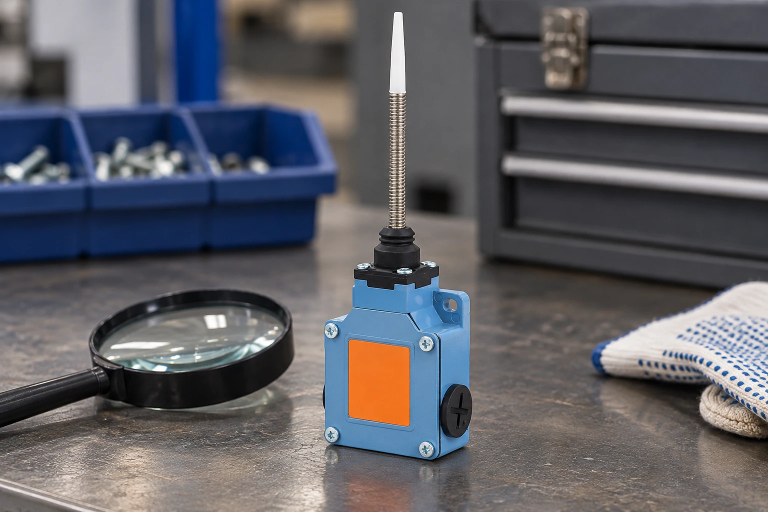 LZ1 sealed blue housing and slotted cable-entry plug beside an inspection magnifier