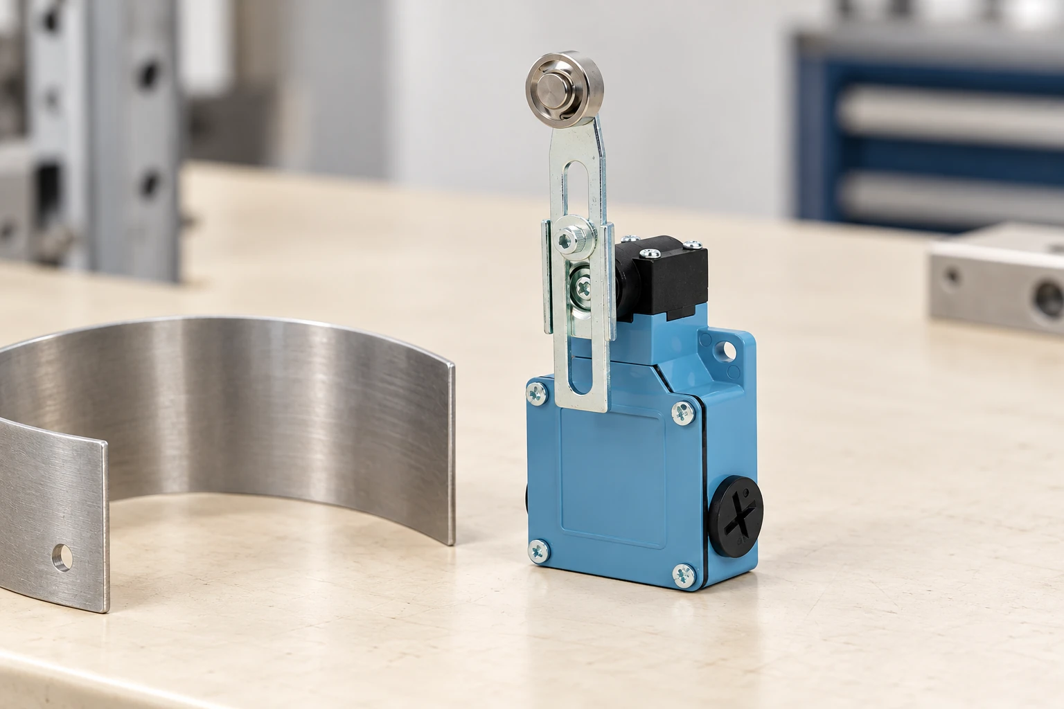 Blue LZ1 roller-lever reference switch beside loose curved metal sample on cream table