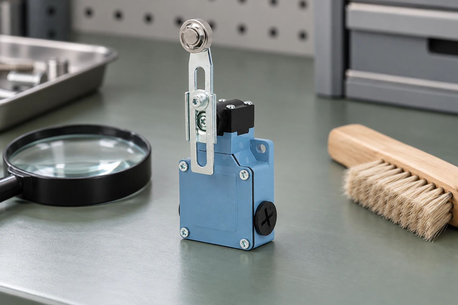 Blue LZ1 roller-lever reference switch beside clean brush and magnifier on sage desk