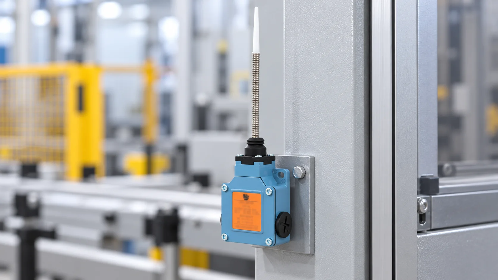 LZ1 limit switch product-based illustration Blue LZ1 limit switch with spring-whip actuator mounted beside an industrial machine frame