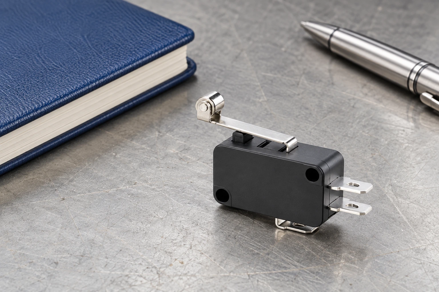 Micro Switch Accelerated Life Testing: Check the Model Before Extrapolation 1 KW7 roller-lever switch beside a closed blue test logbook