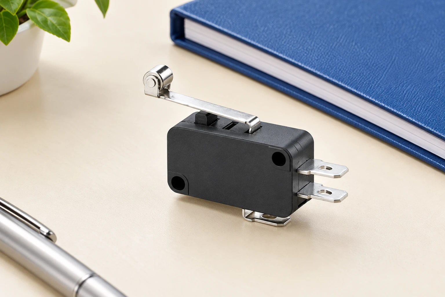 Micro Switch Altitude Derating: Separate Electrical and Thermal Limits 1 Disconnected KW7 roller-lever sample beside a closed blue review folder