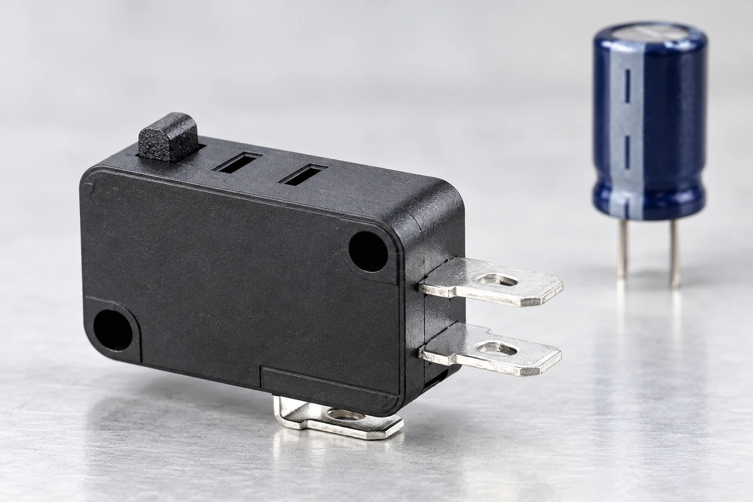 Close view of KW7 terminals beside a separate capacitor