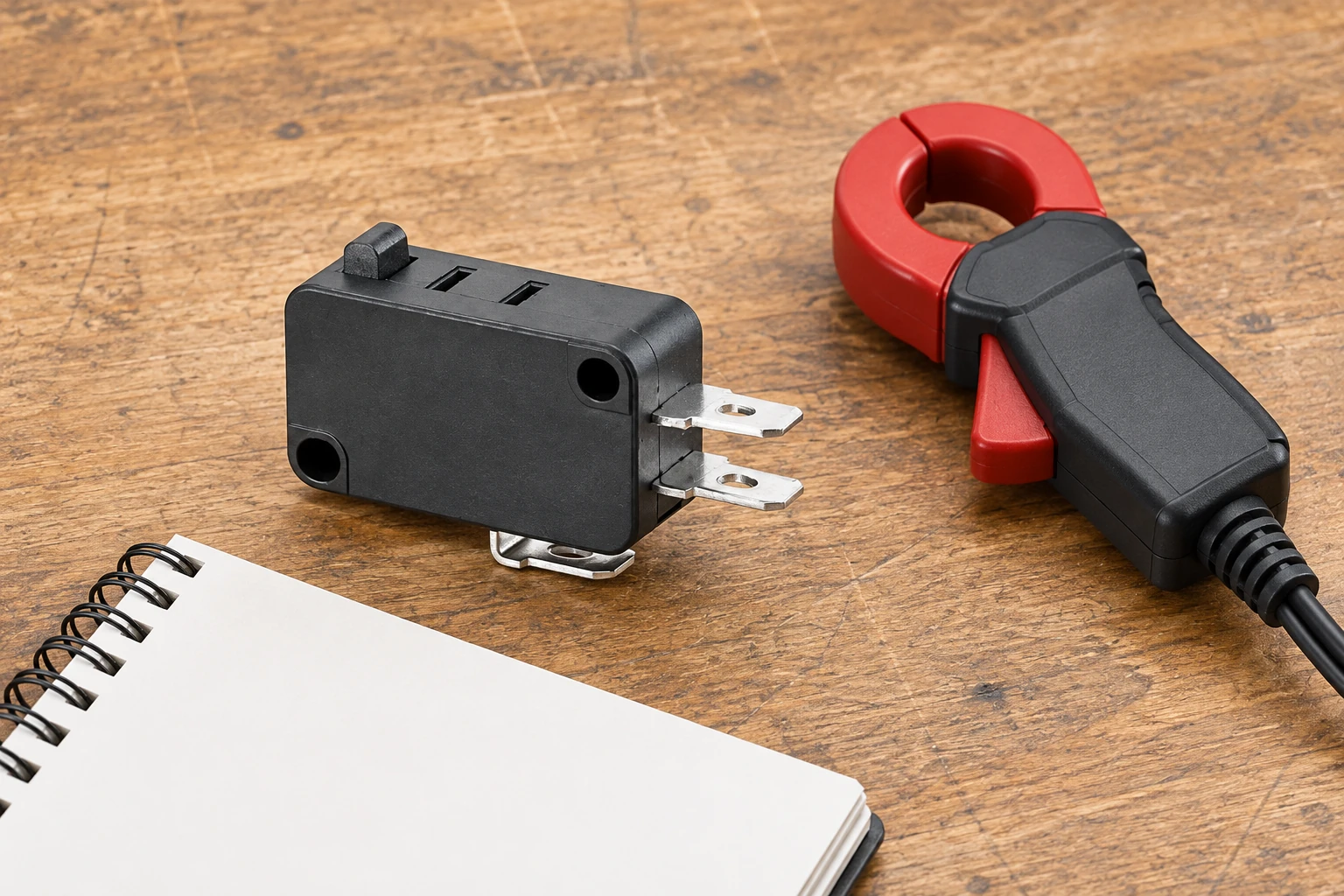 KW7 micro switch beside a disconnected current-probe accessory and blank notebook