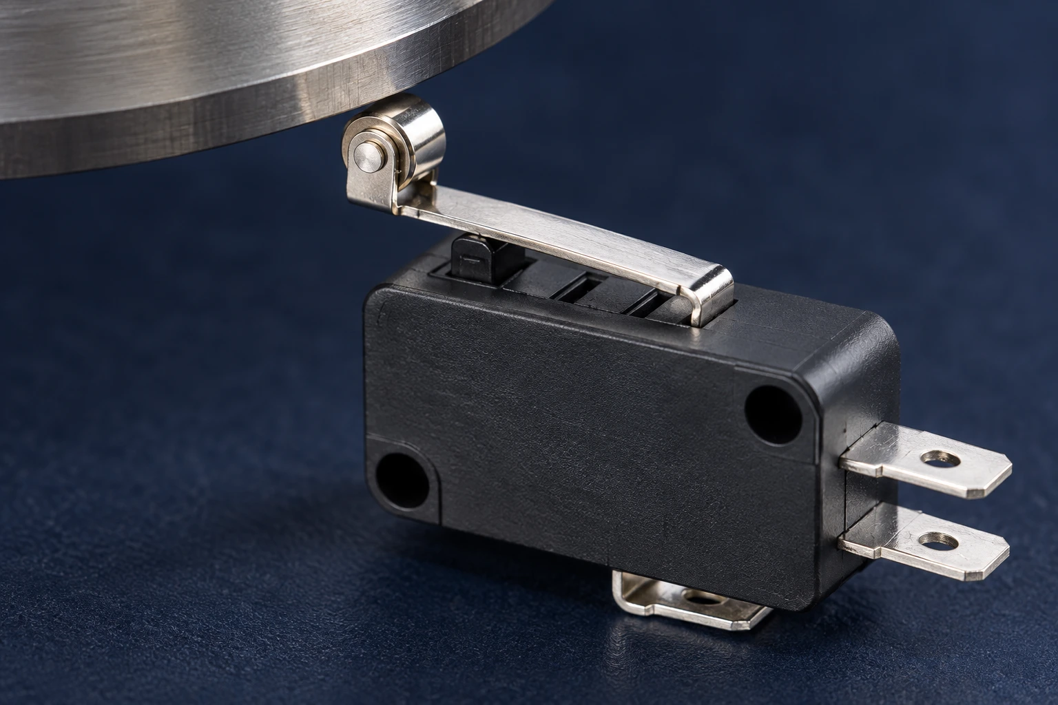 KW7 roller-lever micro switch showing its actuator beneath a mechanical cam