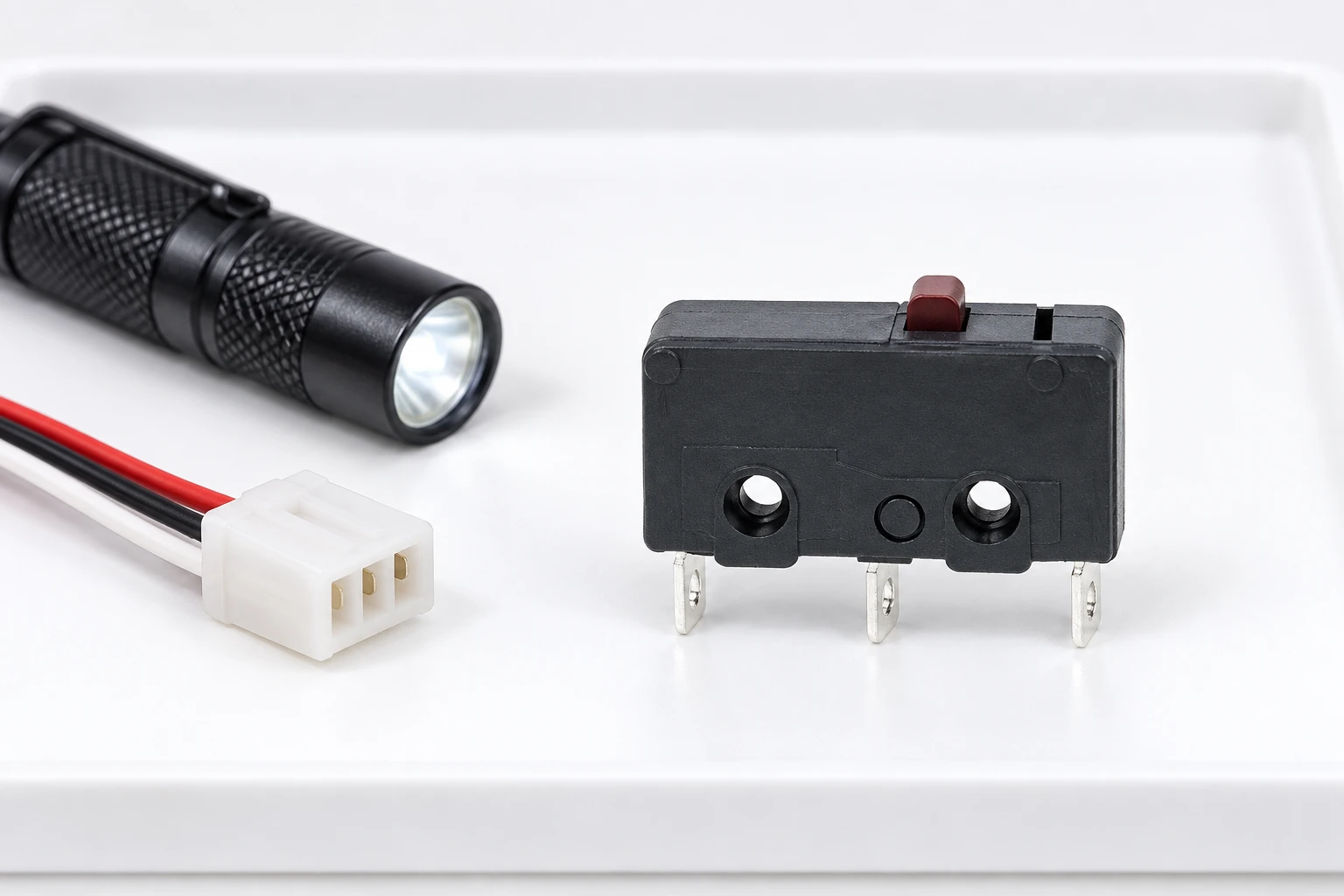 KW12 micro switch showing three solder terminals beside a disconnected harness