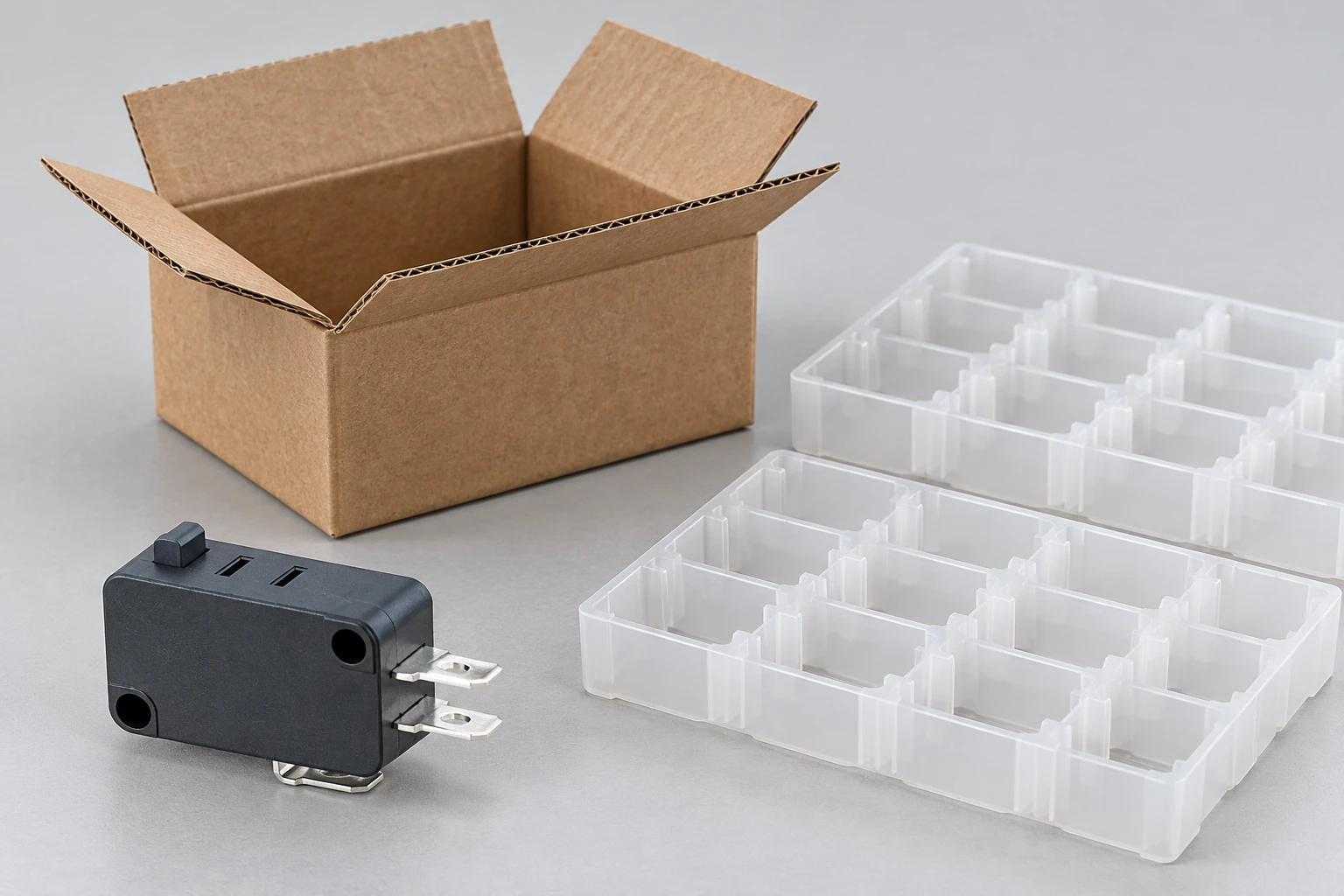 KW7 specimen beside a carton and empty compartment trays