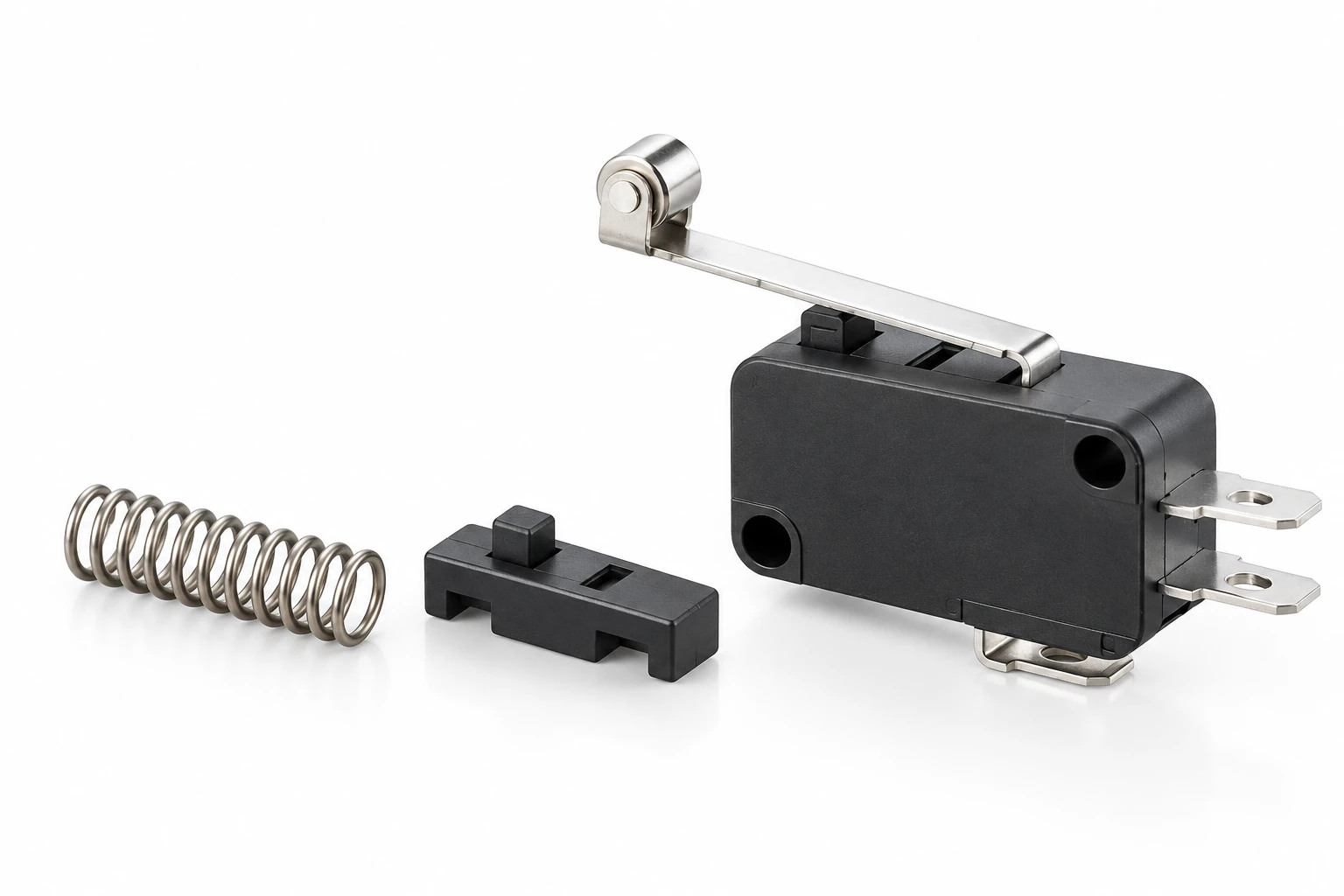 KW7 roller switch beside separate spring and slider specimens