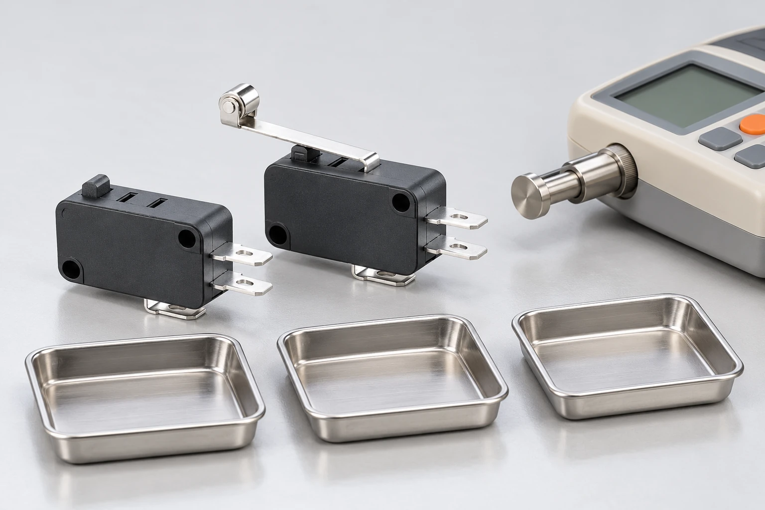 KW7 switch and disconnected force gauge beside specimen trays