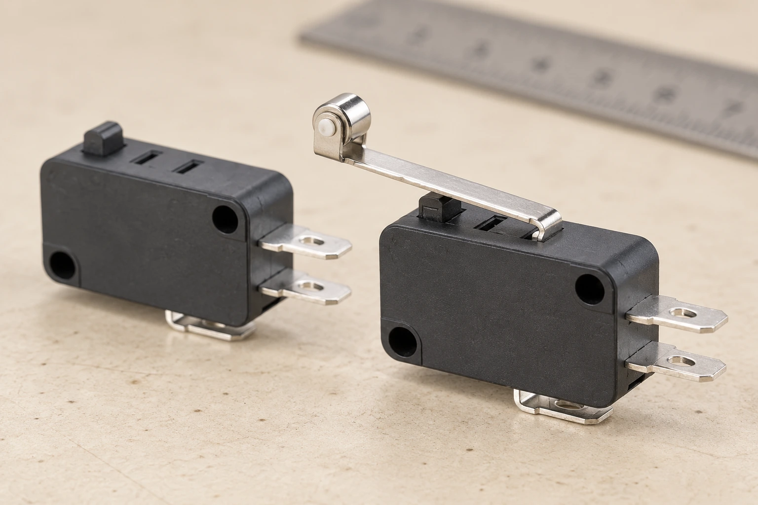 LEMA KW7 plunger and roller-lever variants showing mounting and actuator geometry