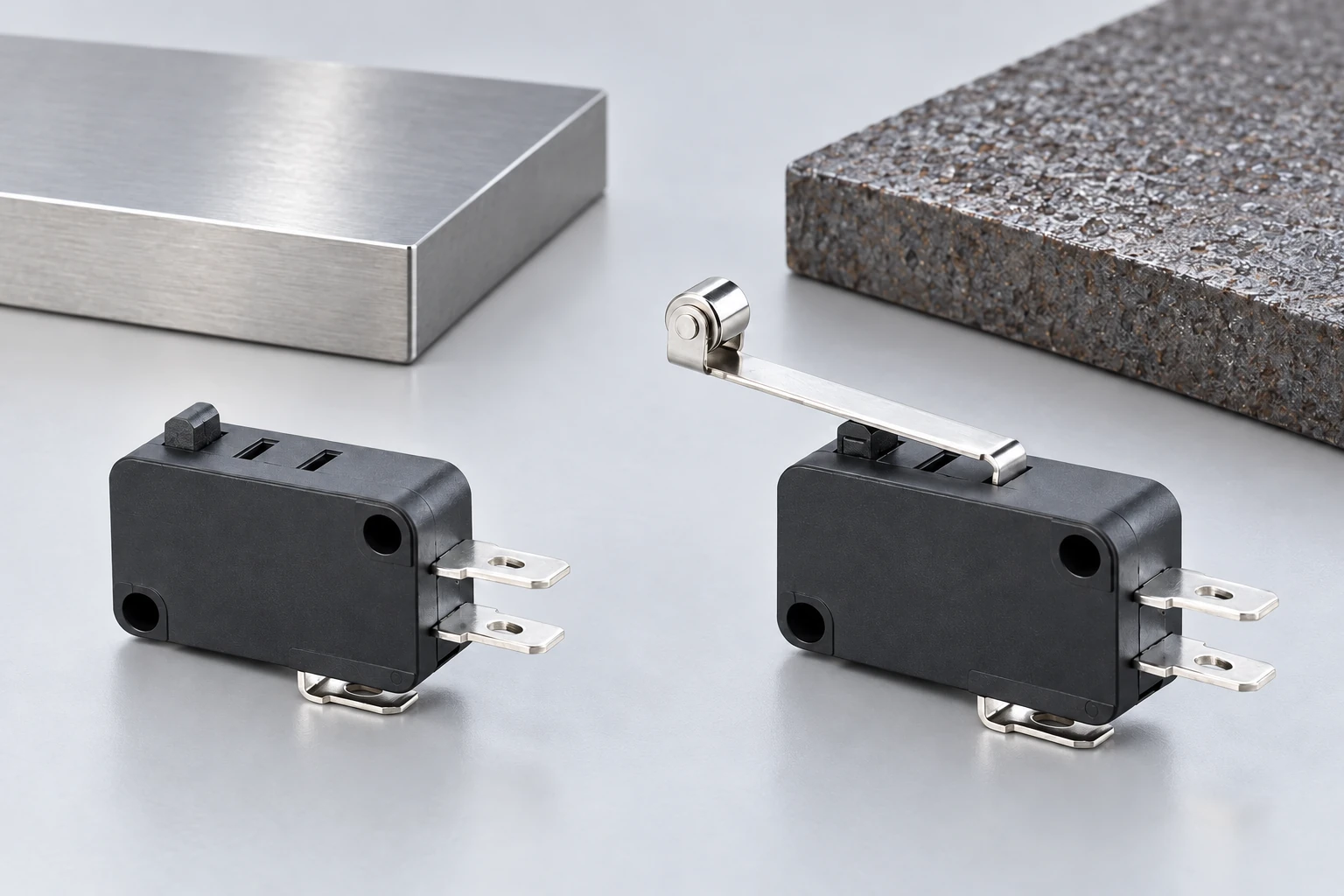 KW7 plunger and roller specimens beside separate smooth and rough surfaces