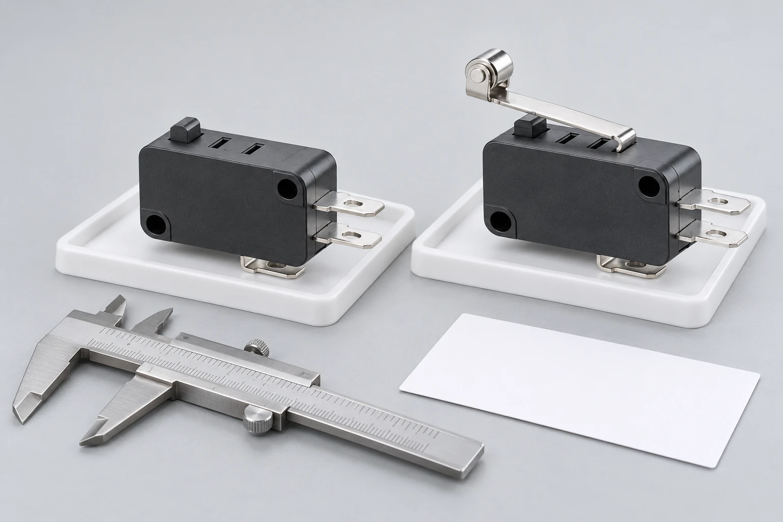 Separated KW7 plunger and roller specimens beside a caliper and blank record