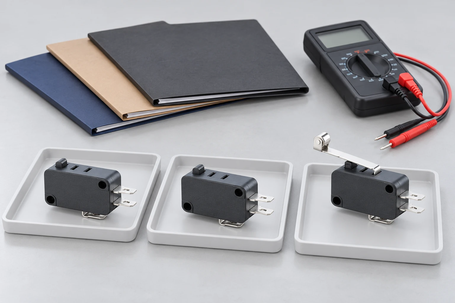 Separated KW7 samples beside a disconnected meter and blank decision folders