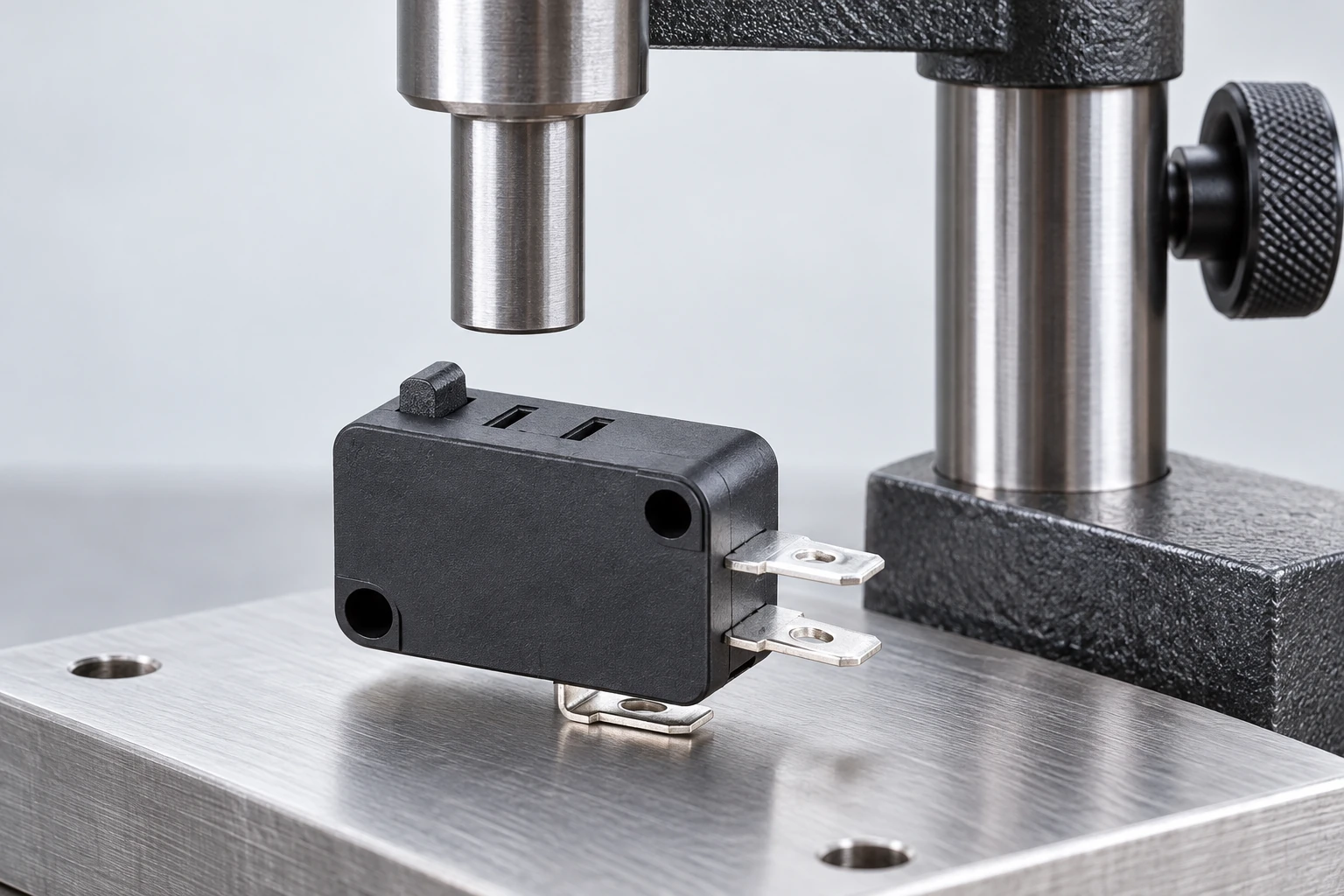 KW7 bare-plunger switch below a separated vertical positioning fixture