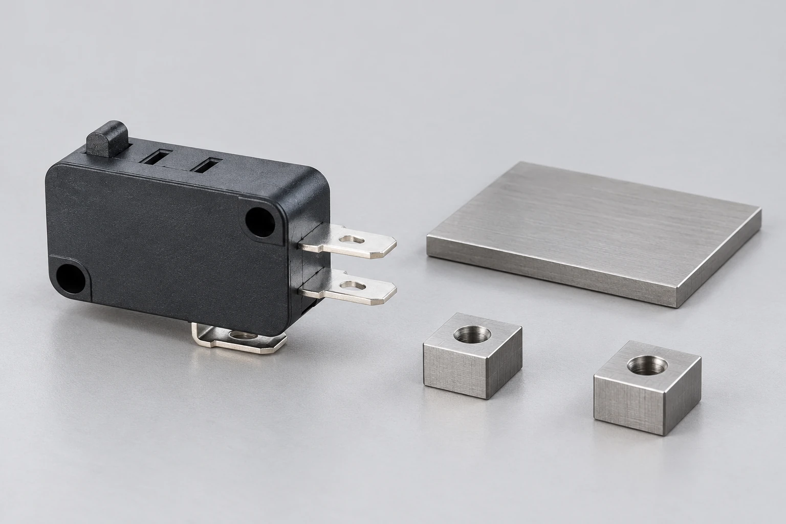 KW7 switch beside separate target and locating-block specimens