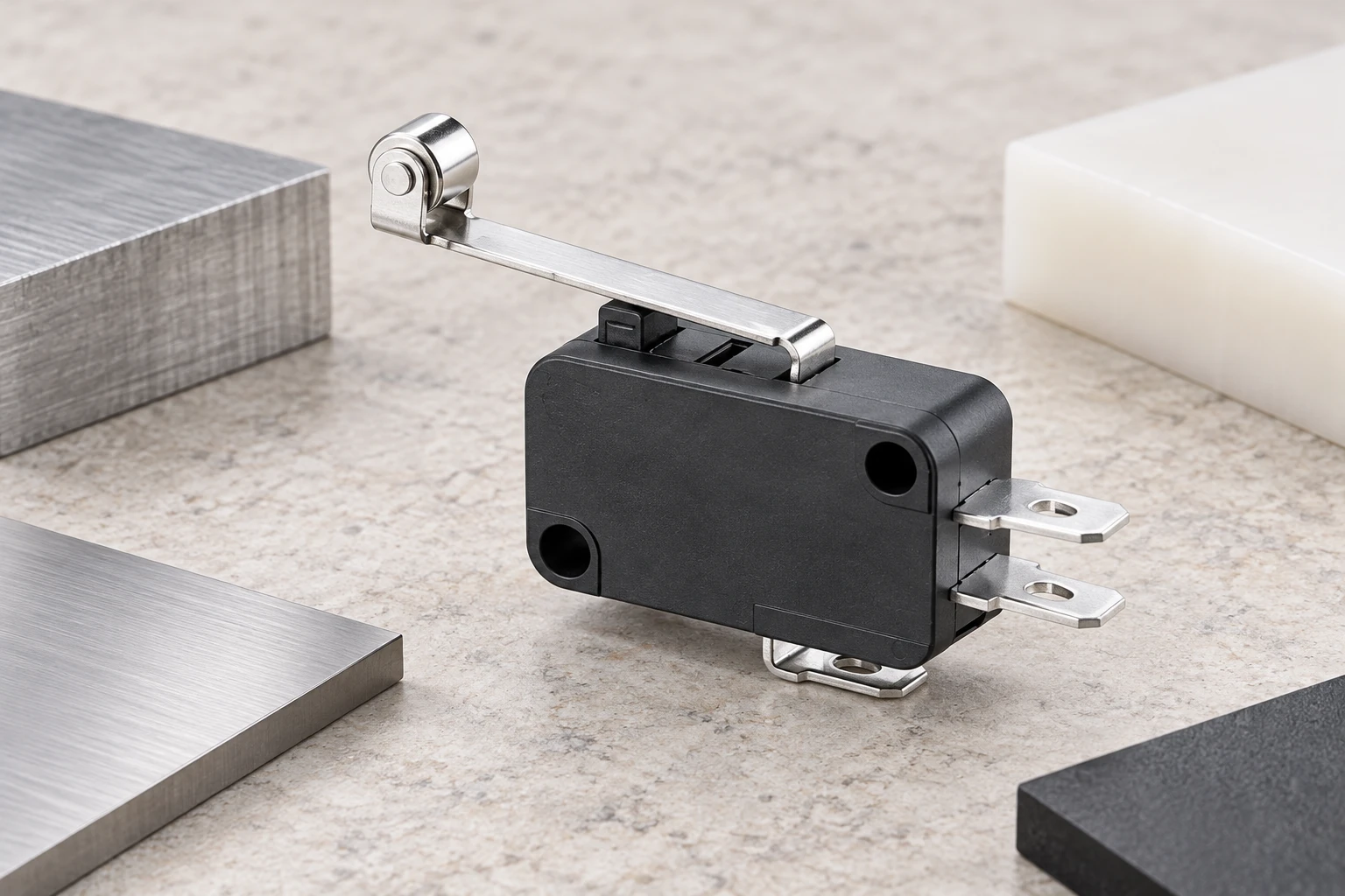 KW7 roller-lever reference microswitch beside separate material coupons on stone