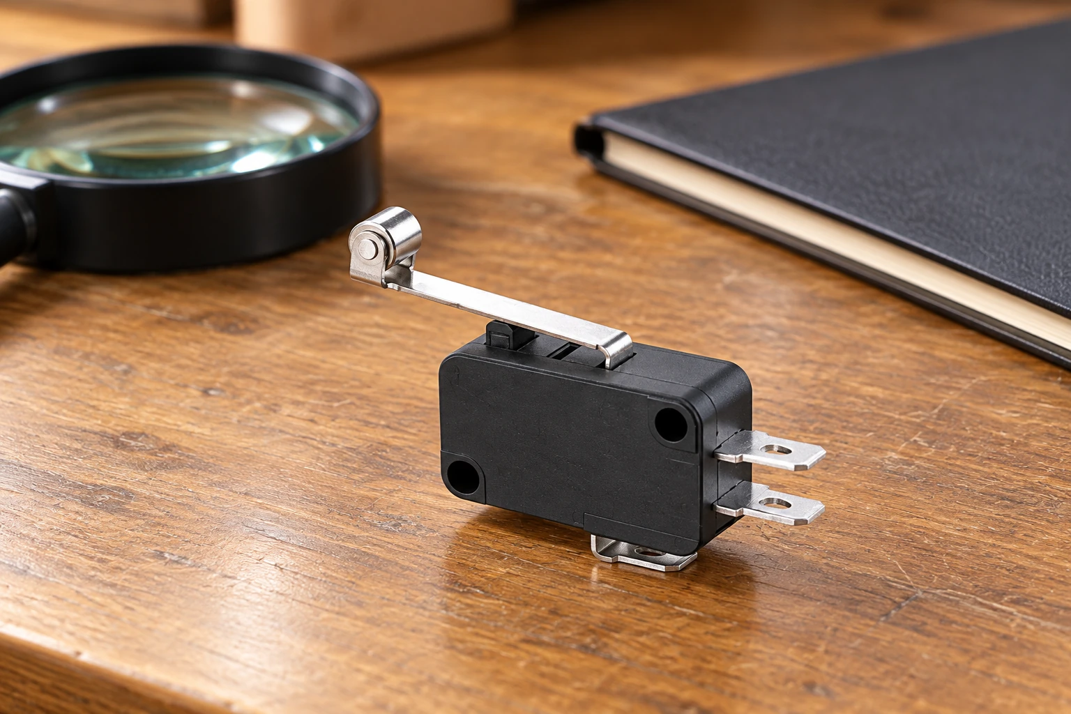 KW7 roller-lever reference microswitch beside magnifier and closed folder on wood