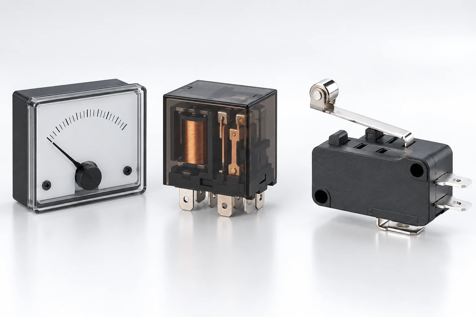 KW7 roller switch beside a separate unconnected relay and meter