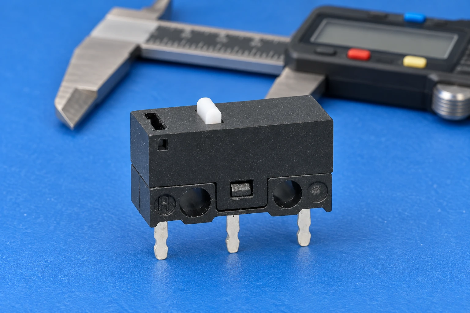 KW10-0P microswitch housing and three PCB terminals on a blue inspection tray with a detached caliper