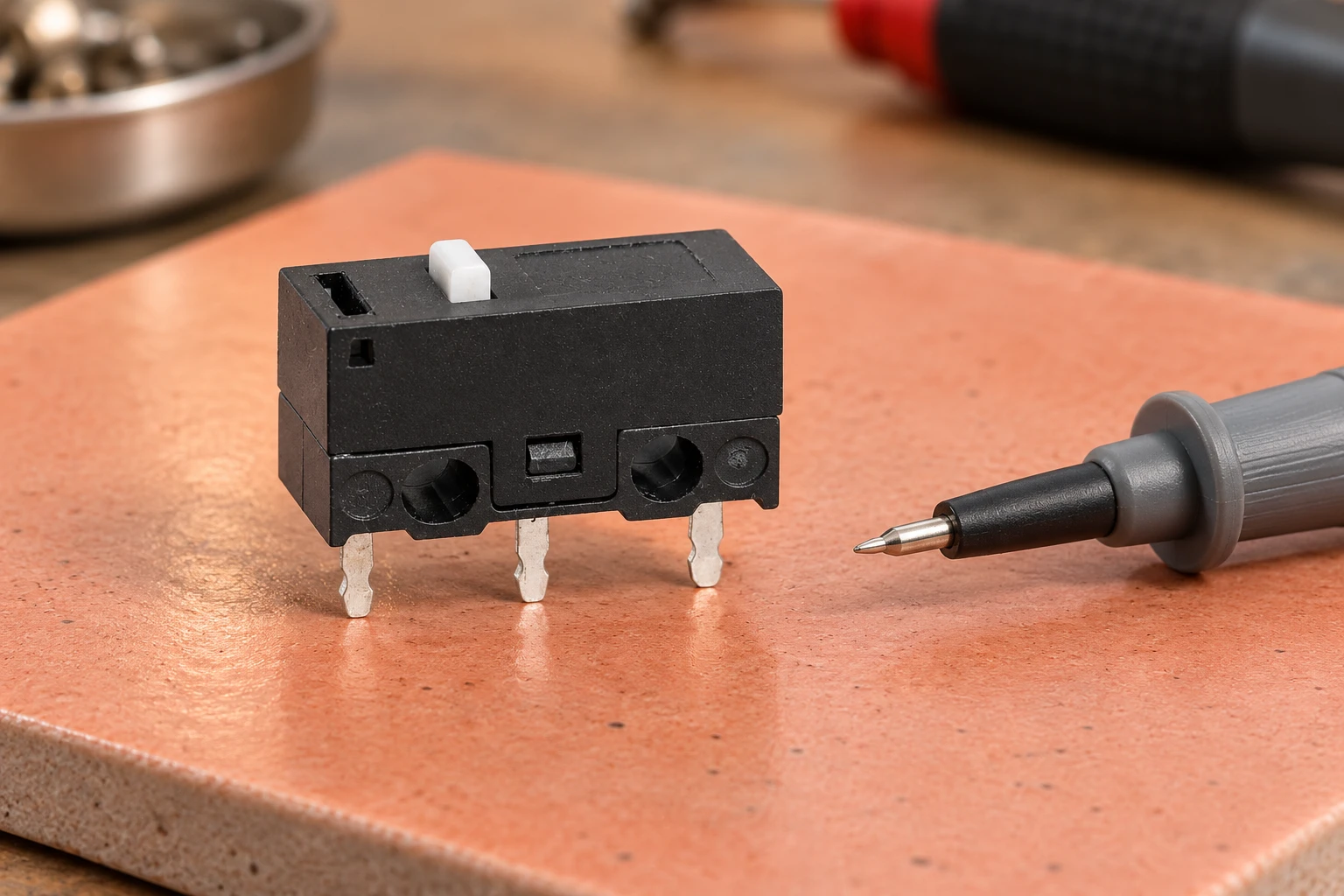 KW10-0P microswitch beside an unattached oscilloscope probe on a coral inspection tile