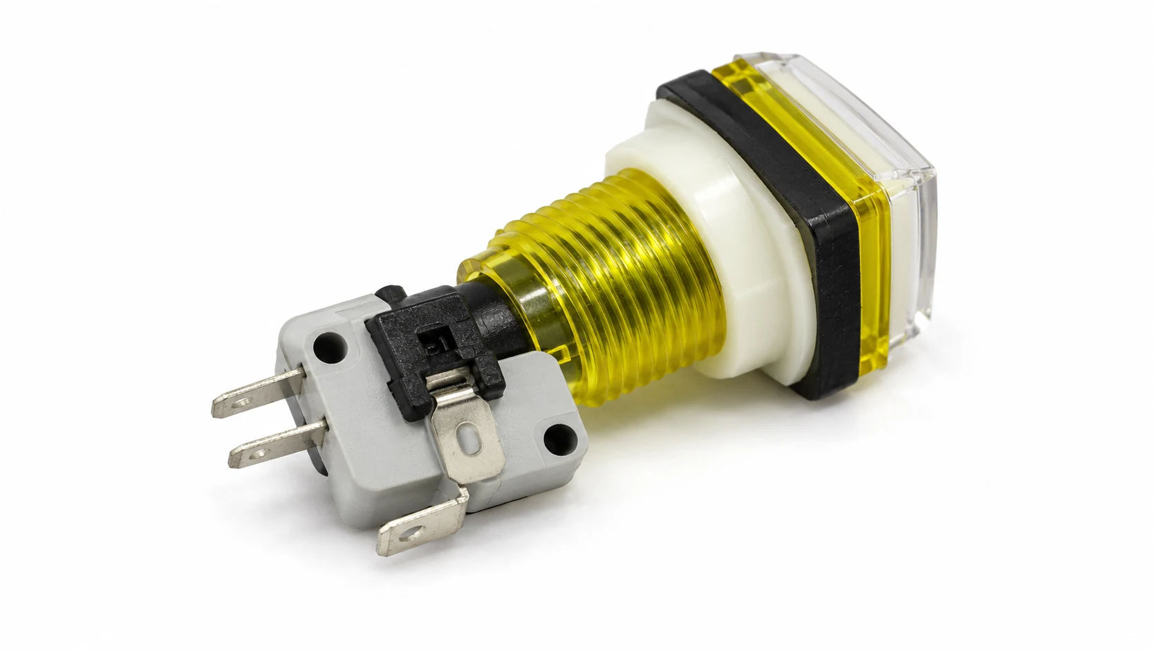 LEMA PBS push button with clear cap, yellow threaded barrel and three blade contact terminals LEMA PBS push button with clear cap, yellow threaded barrel and three blade contact terminals