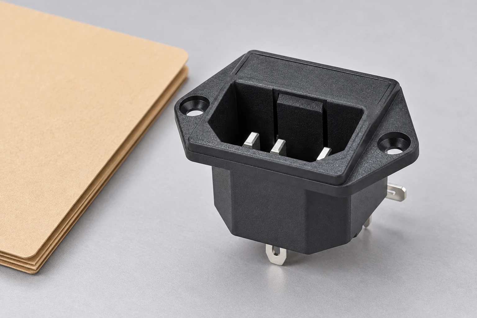 IPZ-4 male inlet beside a closed materials-review folder