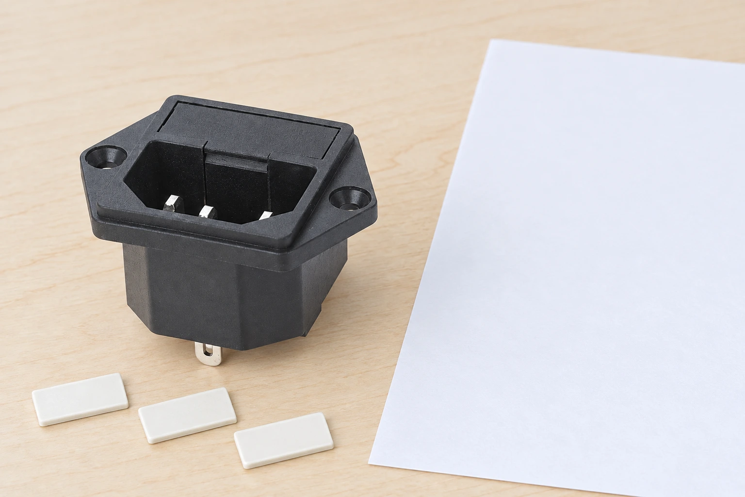 IPZ equipment inlet beside blank identification tiles on a maple workboard