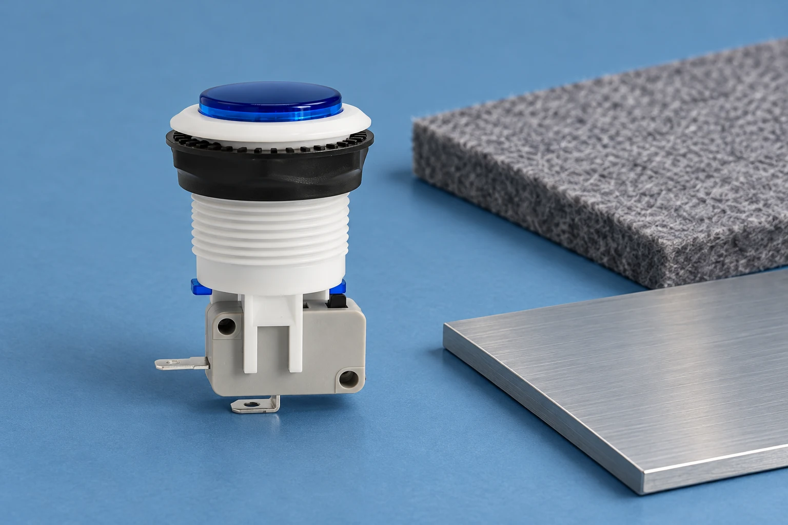 Push Button Acoustic Feedback: Specify Audible Confirmation Without Assuming Control State 1 PBS push button assembly beside separate felt and metal panel samples on blue desk