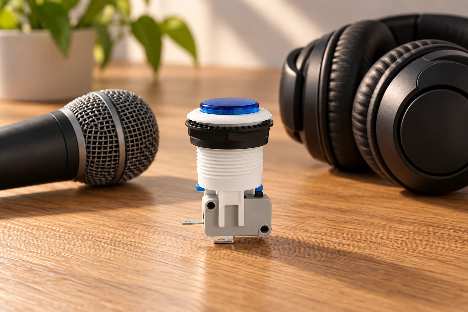 Push Button Acoustic Feedback: Specify Audible Confirmation Without Assuming Control State 2 PBS push button assembly beside separate microphone and headphones on oak desk